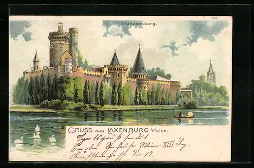 Lithographie Laxenburg, Blick auf die Franzensburg