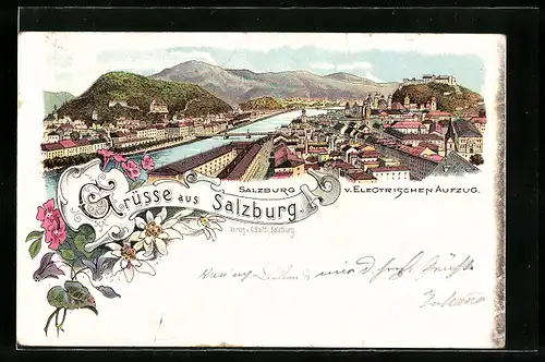 Lithographie Salzburg, Panorama der Stadt mit Salzach