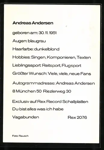 AK Musiker Andreas Andersen ernst blickend, Autograph