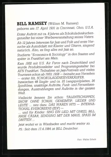 AK Musiker Bill Ramsey mit Brille und Bart, Autograph