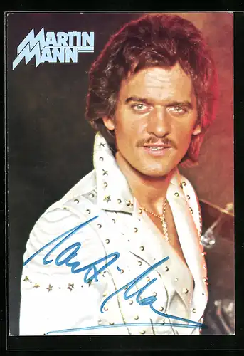 AK Musiker Martin Mann in weisser Lederjacke mit Nieten, Autograph