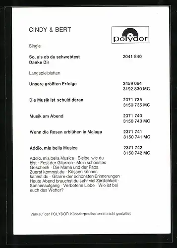 AK Musiker Cindy und Bert im Portrait, Autograph