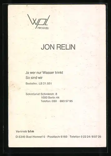 AK Musiker Jon Relin im blauen Anzug, Autograph