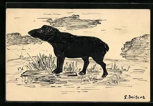 Künstler-AK Handgemalt: Schwarzer Hund bei Sonnenschein