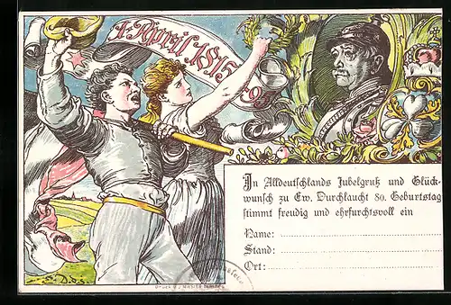 Lithographie Otto von Bismarck, Karte zum 80. Geburtstag des Fürsten, 1. April 1895