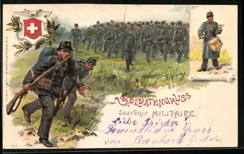 Lithographie Soldatengruss, schweizer Militär im Feld