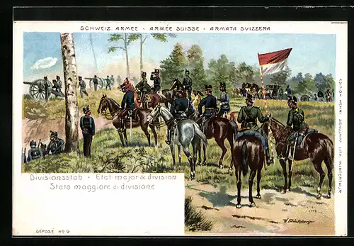 Lithographie Schweizer Kavallerie, Divisionsstab blickt in Richtung Feind