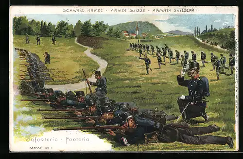 Lithographie Schweiz, Infanterie im Gefecht