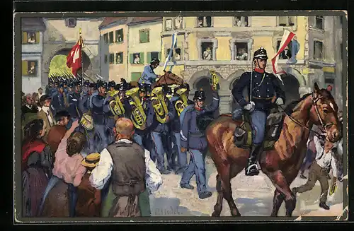 Künstler-AK sign. E. Goetz: schweizer Soldaten mit Musik