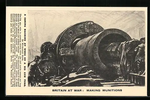 Künstler-AK sign. Muirhead Bone: England, Britain at War: Making Munitions, A Coring Machine at Work on a Big Gun Tube