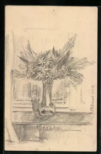 Künstler-AK Handgemalt: Blumen in einer Vase, Schützengrabenkunst