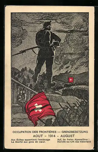 Künstler-AK Grenzbesetzung 1914, Marschierende schweizer Infanterie