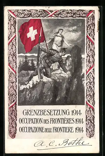 AK Schweizer Grenzbesetzung 1914, Soldat mit Helvetia