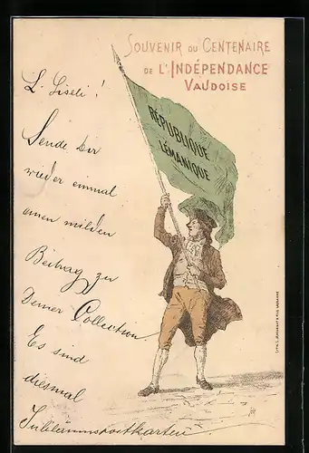Künstler-AK Schweiz, Centenaire de l`Indépendance Vaudoise, Mann mit Fahne République Lémanique