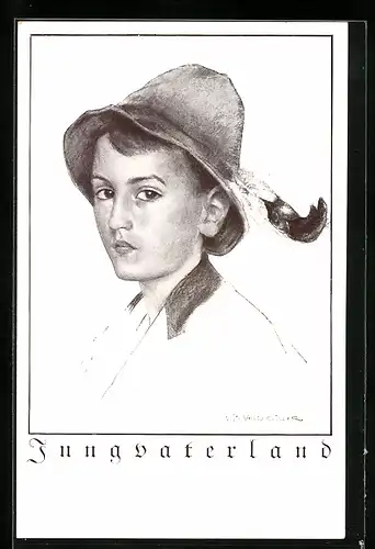 Künstler-AK Kleiner Bengel aus Österreich mit Feder am Filzhut, Jungvaterland