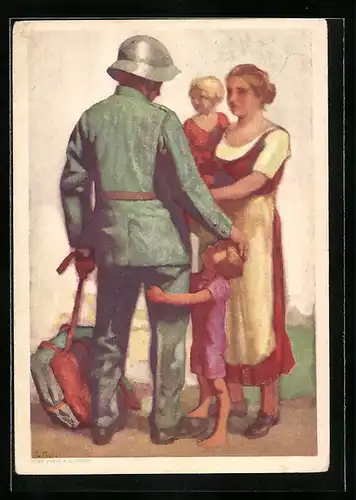 Künstler-AK Bundesfeier 1929, Schweizer Soldat mit Stahlhelm verabschiedet sich von Familie