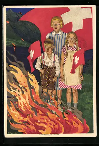 AK Schweizer Bundesfeier 1930, Kinder am Lagerfeuer, Schweizer Flagge