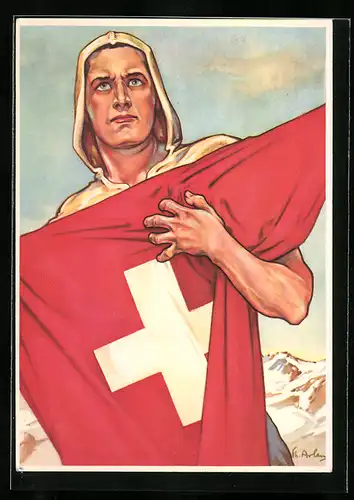 Künstler-AK 650 Jahre Eidgenossenschaft 1291-1941, Schweizer mit Flagge und ernstem Blick