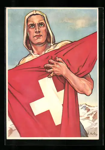 Künstler-AK 650 Jahre Eidgenossenschaft 1291-1941, Schweizer mit Flagge und ernstem Blick