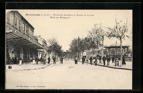 AK Marmande, Boulevard Gambetta et Avenue de la Gare, Hotel des Messageries