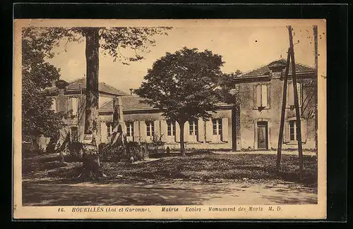 AK Houeillés, Mairie, Ecoles & Monument des Morts