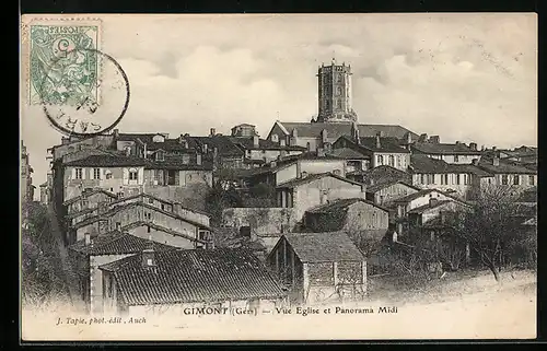 AK Gimont, Vue Eglise et Panorama Midi