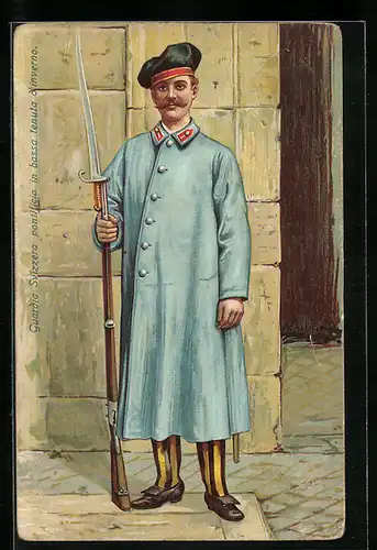AK Vatikan, Soldat der schweizer Garde in Uniform mit Gewehr