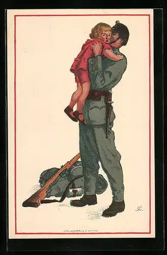 Klapp-Künstler-AK Schweizer Soldat umarmt sein Kind, Nationalspende für Soldaten u. Familien