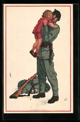 Klapp-Künstler-AK Schweizer Soldat umarmt sein Kind, Nationalspende für Soldaten u. Familien