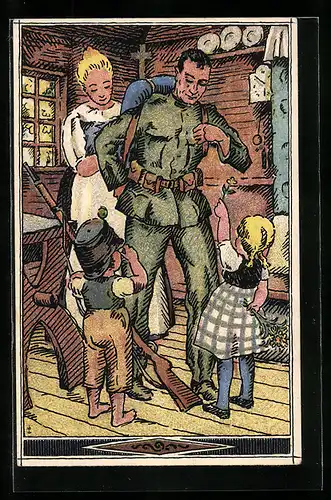 Künstler-AK Nationalspende für Soldaten u. Familien, Schweizer Soldat mit Familie