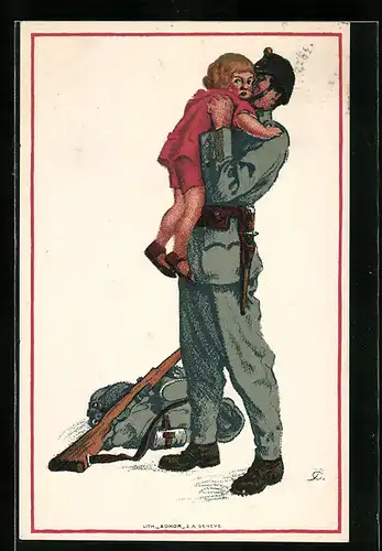 Klapp-Künstler-AK Schweizer Soldat umarmt sein Kind, Nationalspende für Soldaten u. Familien