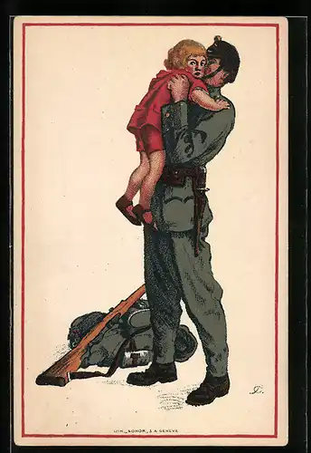 Künstler-AK Soldat mit seinem Kind auf dem Arm