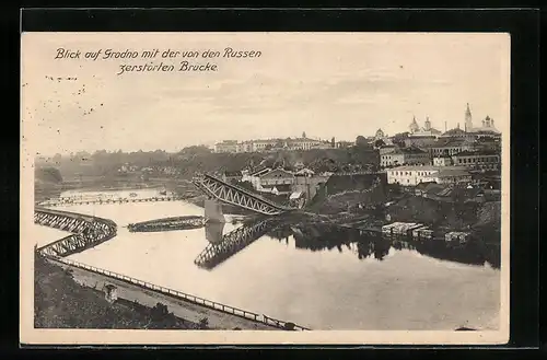 AK Grodno, Blick auf den Ort mit der von den Russen zerstörten Brücke