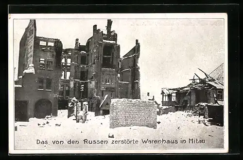 AK Mitau, das von den Russen zerstörtes Warenhaus im Winter
