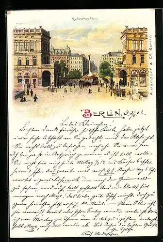 Lithographie Berlin-Kreuzberg, Hallesches Tor mit Denkmal