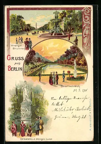 Lithographie Berlin-Tiergarten, am Wrangel-Brunnen, das Denkmal der Königin Luise