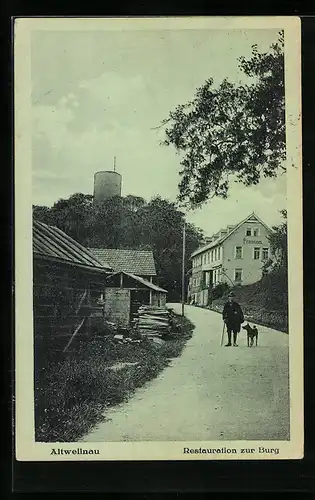 AK Altweilnau i. T., Restaurant zur Burg, Mann mit Hund