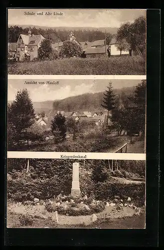 AK Mauloff /Kr. Usingen, Schule und Alte Linde, Kriegerdenkmal, Teilansicht