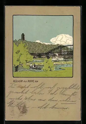 Steindruck-AK Mülheim a. d. Ruhr, Uferpartie mit Turm und Brücke