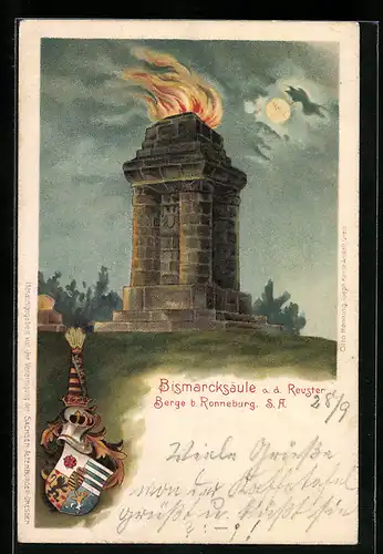 Lithographie Ronneburg / S. A., Bismarcksäule a. d. Reuster