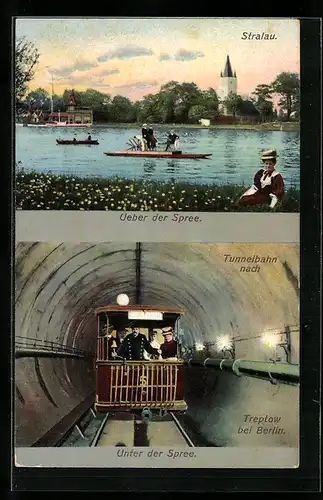 AK Berlin-Stralau, Tunnelbahn nach Treptow, Spreepartie