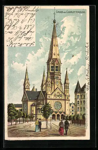 Lithographie Berlin-Charlottenburg, Partie an der Kaiser Wilhelm Gedächtnis-Kirche