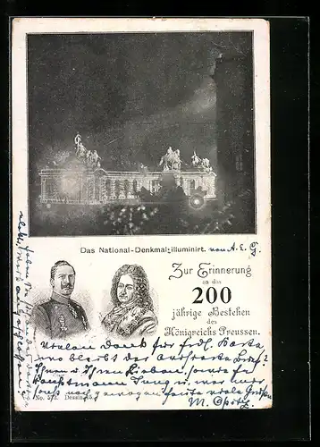 AK Das National-Denkmal illuminirt, Porträt v. Kaiser Wilhelm II. von Preussen
