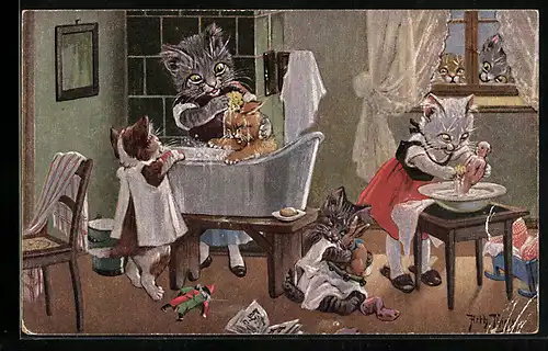Künstler-AK Arthur Thiele: Reinlichkeit ist eine Zier - Katzen bei der Wäsche