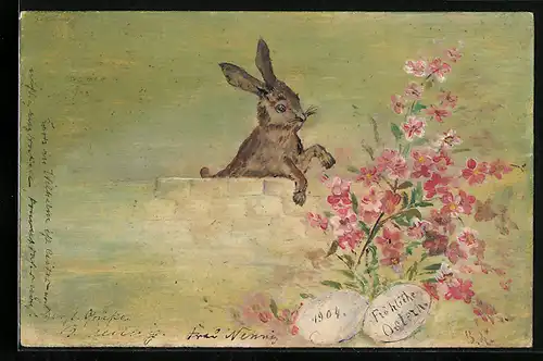 Künstler-AK Handgemalt: Osterhase mit Blumen und Ostereier, Ostergruss