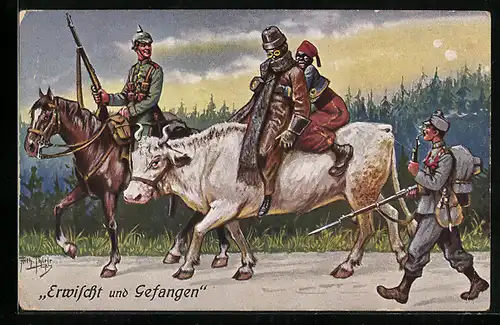 Künstler-AK Arthur Thiele: Deutscher u. öserreichischer Soldat machen Kriegsgefangene