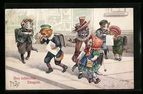 Künstler-AK Arthur Thiele: Katzenkinder nach der Zeugnisvergabe, vermenschlichte Tiere