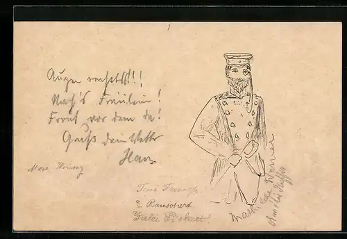 Künstler-AK Handgemalt: Soldat in Uniform, Schützengrabenkunst