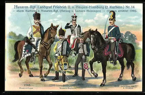 Lithographie Soldaten des Kurhess. Husaren-Regiments Nr. 14 unter Landgraf Friedrich II. von Hessen-Homburg in Uniformen