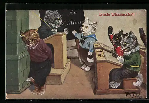Künstler-AK A. Thiele: Vermenschlichte Katzen in der Schule